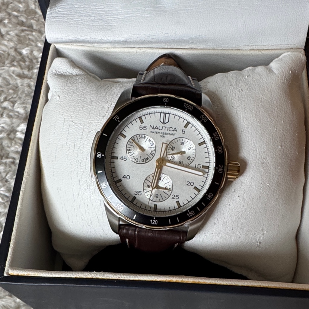Nautica Chronograph Watch In White Dial And Brown Strap